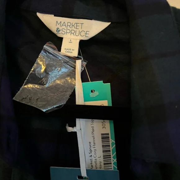 Market & Spruce Navy and Black Plaid Top Large - Picture 3 of 3